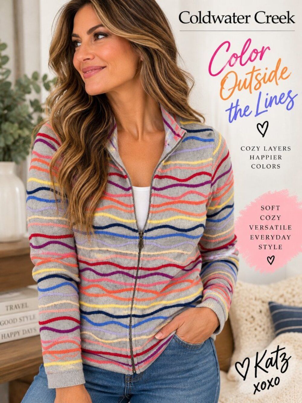 Coldwater Creek Small Gray Multicolor Wave Stripe Zip Cardigan Sweater Preppy